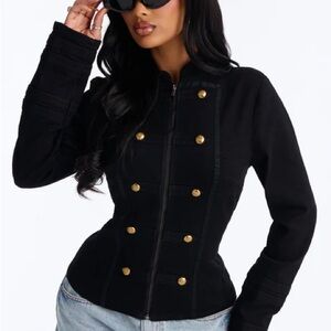 New Fashion Nova Black Military-Style Jean Jacket with Gold Buttons w stretch